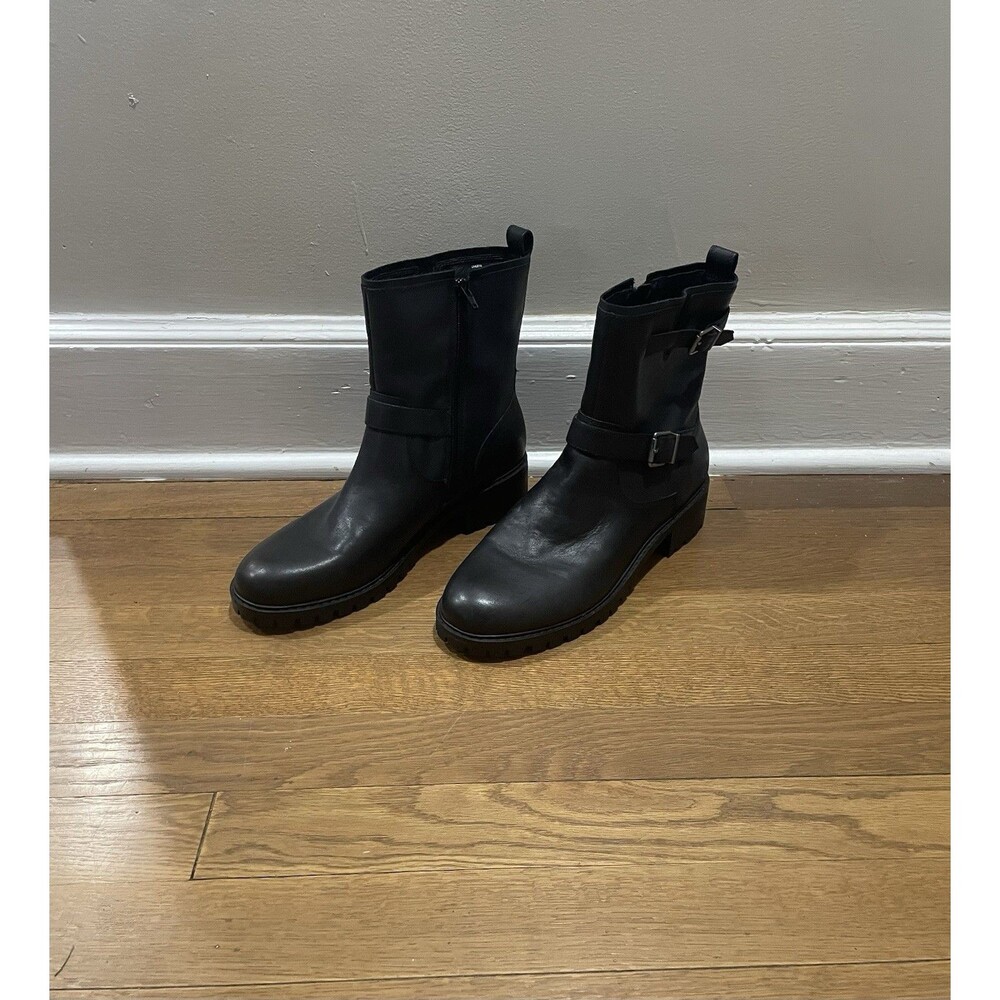 Lucky Brand Kurtia Black Leather Block Heel Motorcycle Boots Women 10 Buckle Zip - Picture 3 of 7